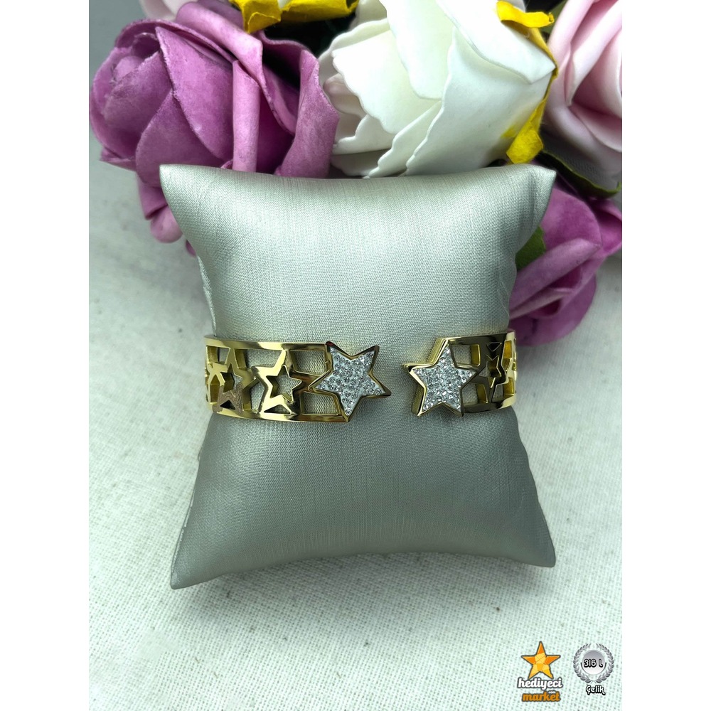 316 L Gold Zirkon Detay Yıldız Kalın Çelik Kelepçe Bileklik - HMÇB-0023 || HM-03-00104-02