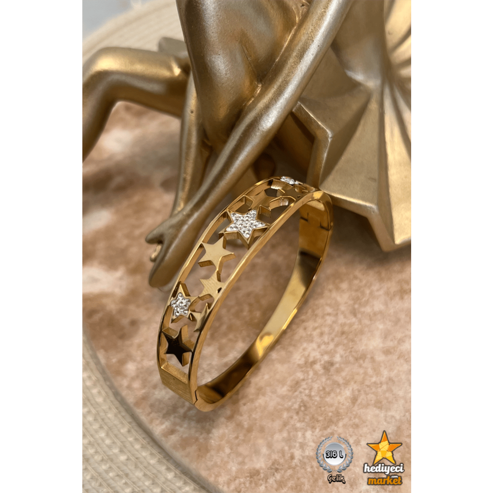 316 L Yıldız Detaylı Bohem Gold Çelik Bileklik - HMÇB-00203 || HM-03-00103-01