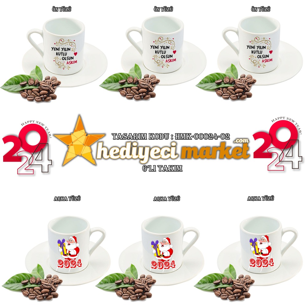 Yılbaşı Temalı Beyaz 6'lı Kahve Fincan Takımı - HMK-00024-02 - HM-01-00079-02