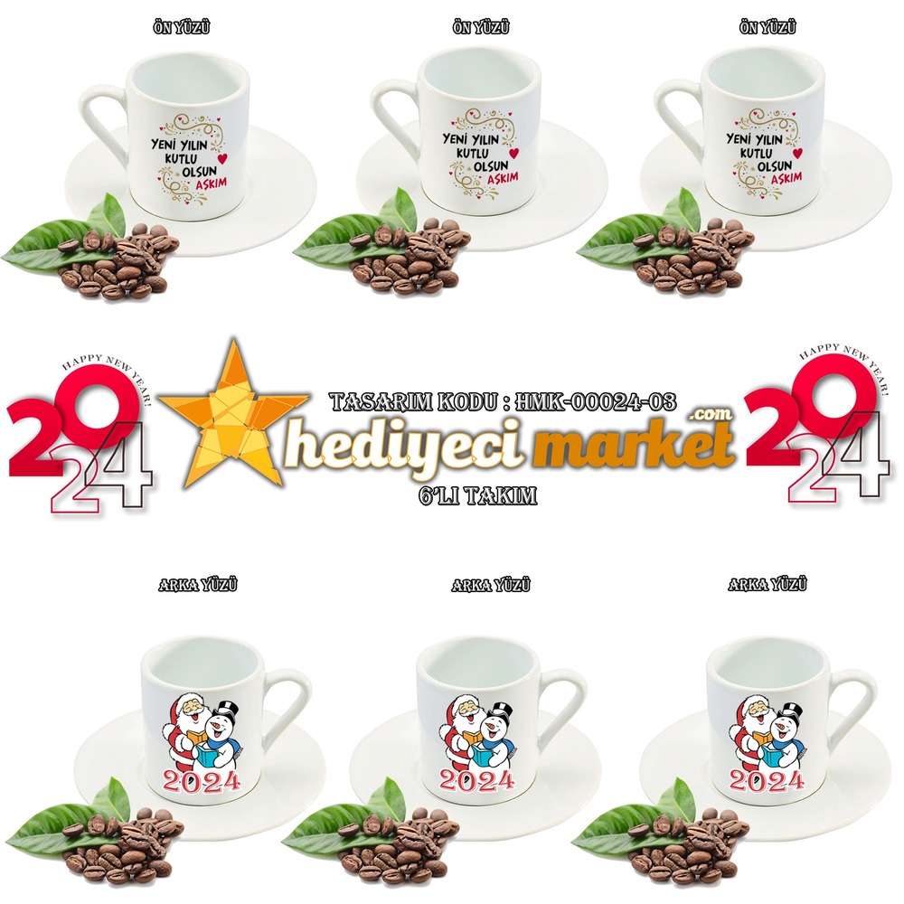 Yılbaşı Temalı Beyaz 6'lı Kahve Fincan Takımı - HMK-00024-03 - HM-01-00079-03