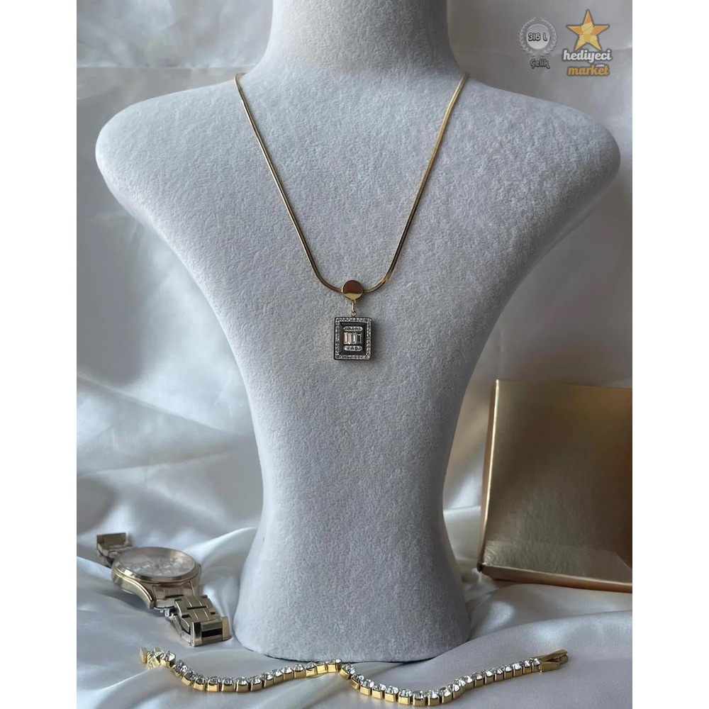 316 L Çelik Zirkon Taşlı Kuyumcu Model Kare Kolye - HMÇK-0010 || HM-03-00052-01