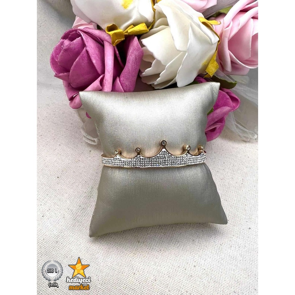 316 L Rose Zirkon Taşlı Taç Kelepçe Çelik Bileklik - HMÇB-0012 || HM-03-00100-02