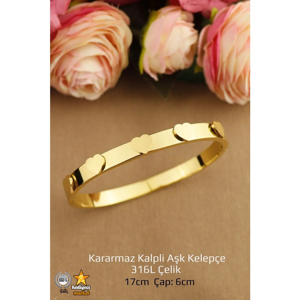 316 L Gold Kalpli Aşk Kelepçe Çelik Bileklik - HMÇB-0022 || HM-03-00104-01
