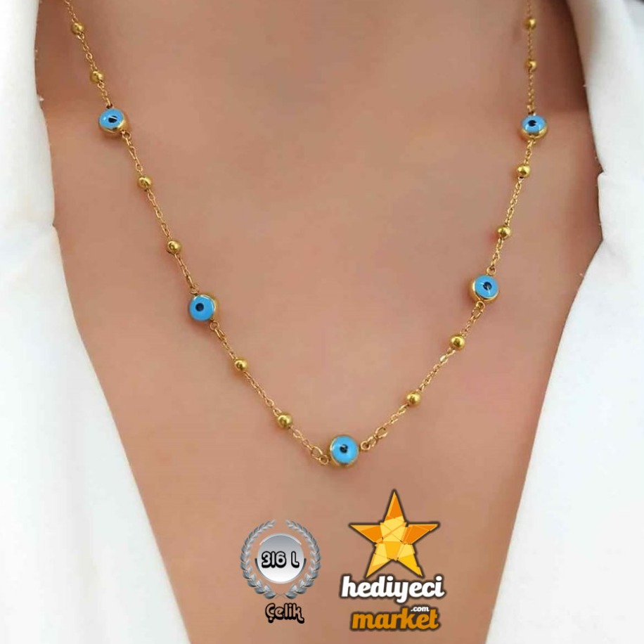 316 L Nazar Boncuğu Detaylı Gold Renk Çelik Kadın Şans Kolyesi - HMÇK-0058 || HM-03-00137-06