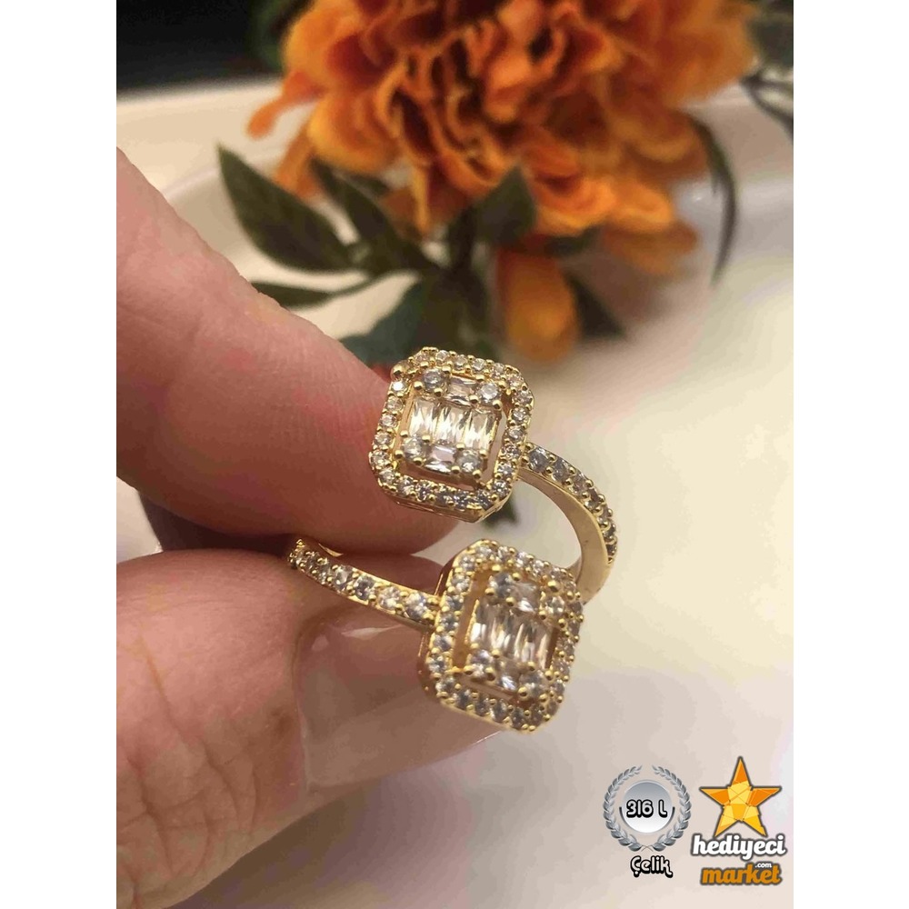 316 L 2MM Gold Zirkon Taşlı Çift Baget Çelik Yüzük - HMÇY-0007 || HM-03-00094-07