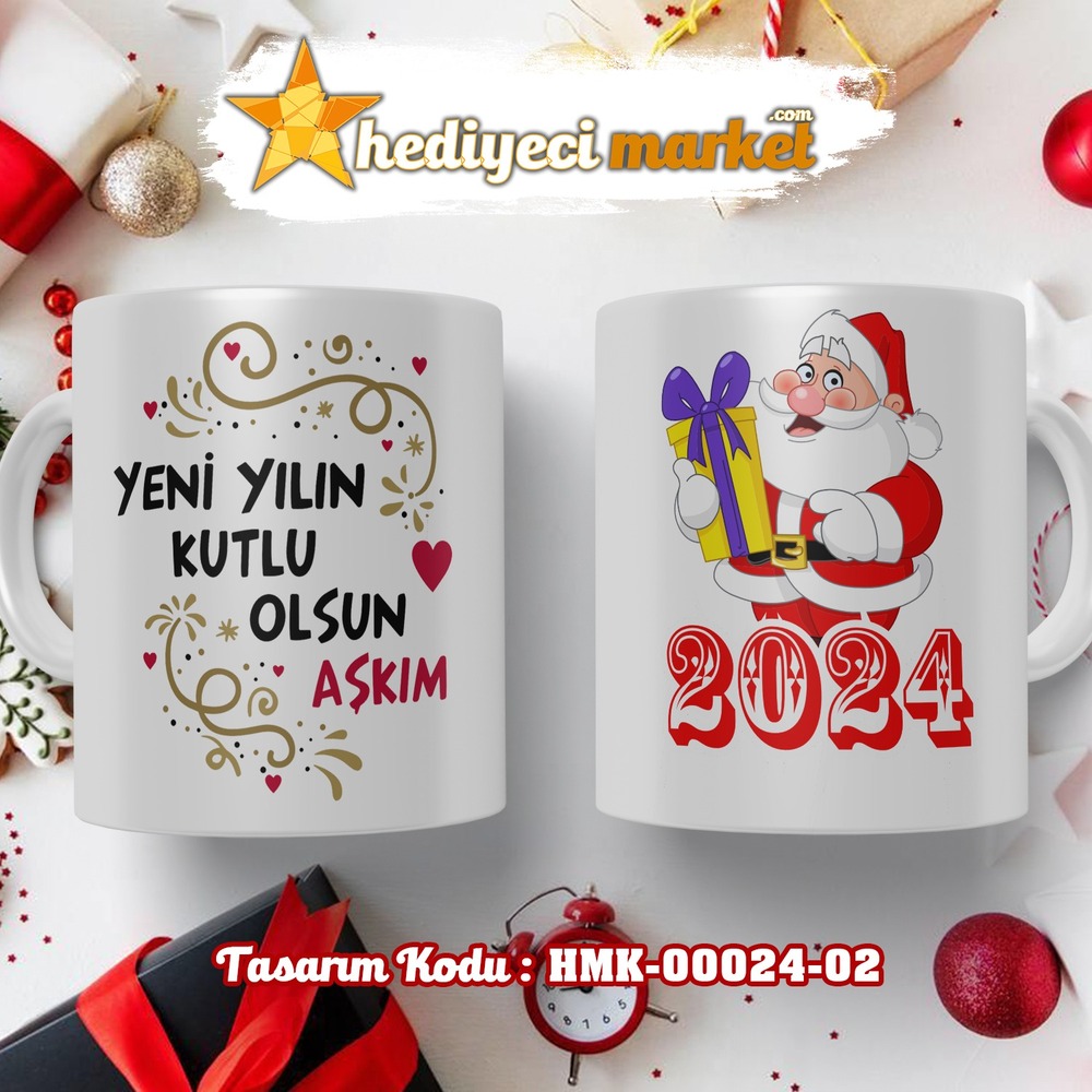 Kişiye Özel 2024 Yılbaşı Temalı Beyaz Kupa Bardak - HMK-00024-02 - HM-01-00077-02