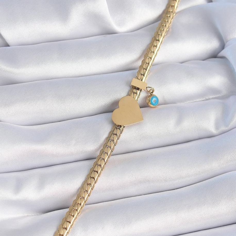 316 L Gold Yassı Zincir Model Kalp Figür Nazar Boncuk Çelik Kadın Bileklik || HM-03-00138-01