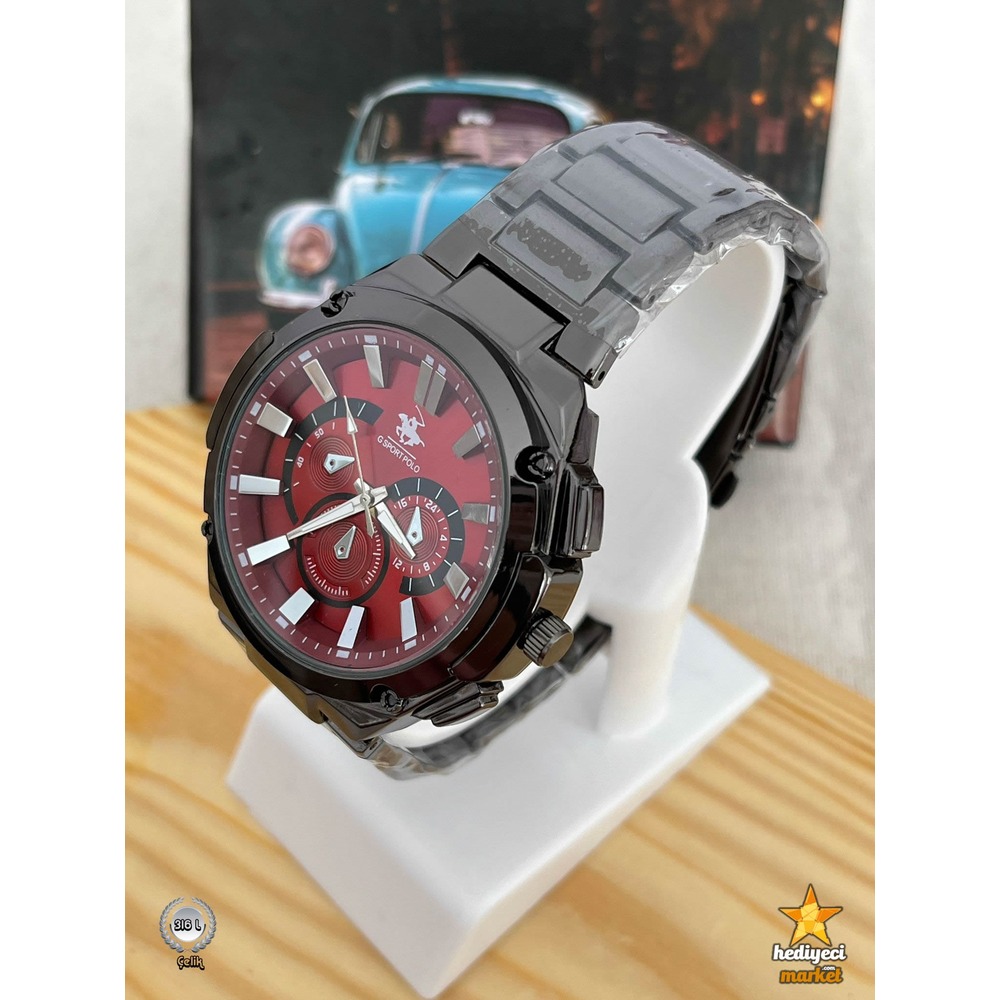 G Sport Polo 316 L Siyah Kasa Kırmızı Detaylı Erkek Kol Saati - HMES-0003 || HM-03-00107-03