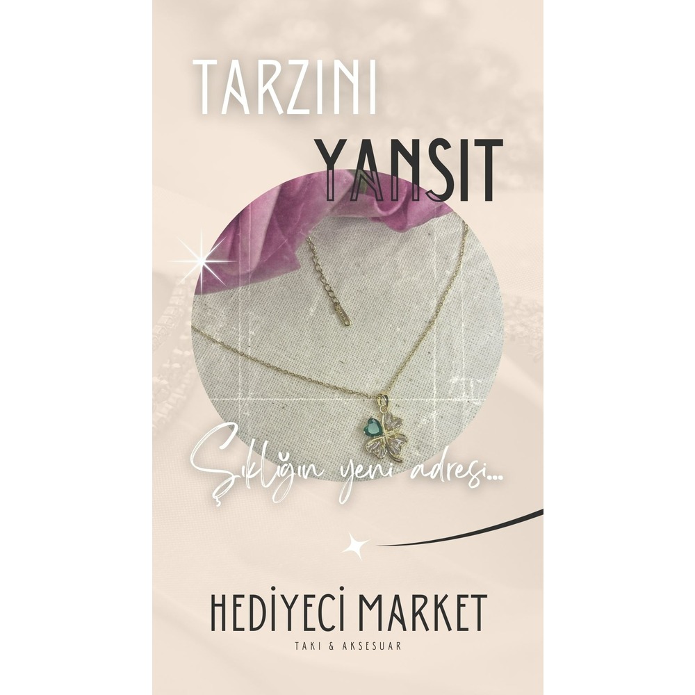 316 L Zirkon Taşlı Altın Rengi Yonca Çelik Kolye - HMÇK-0011 || HM-03-00053-01