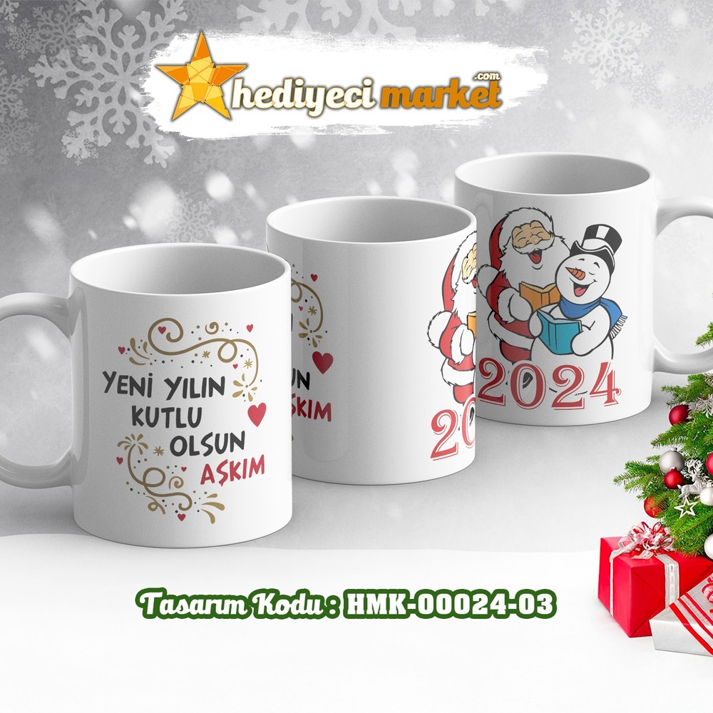Kişiye Özel 2024 Yılbaşı Temalı Beyaz Kupa Bardak - HMK-00024-03 - HM-01-00077-03