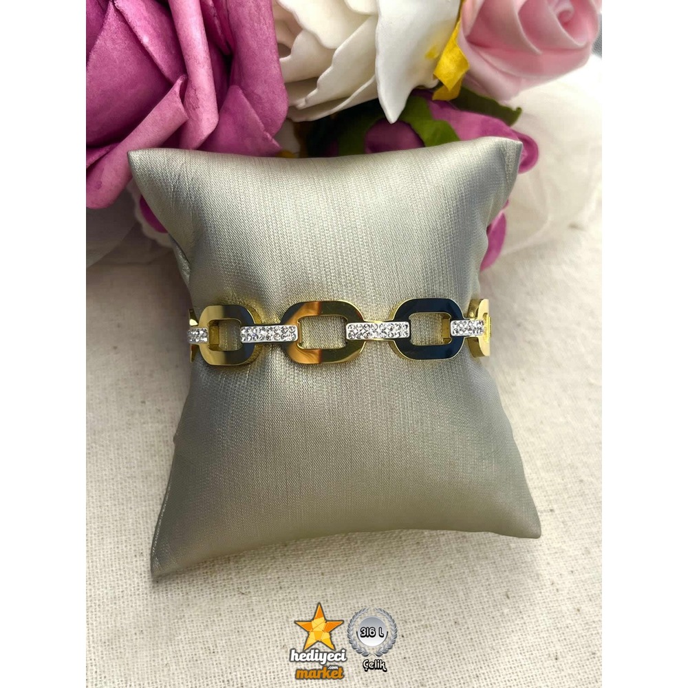 316 L Zirkon Taşlı Gold Zincir Model Çelik Kelepçe Bileklik - HMÇB-0026 || HM-03-00105-02