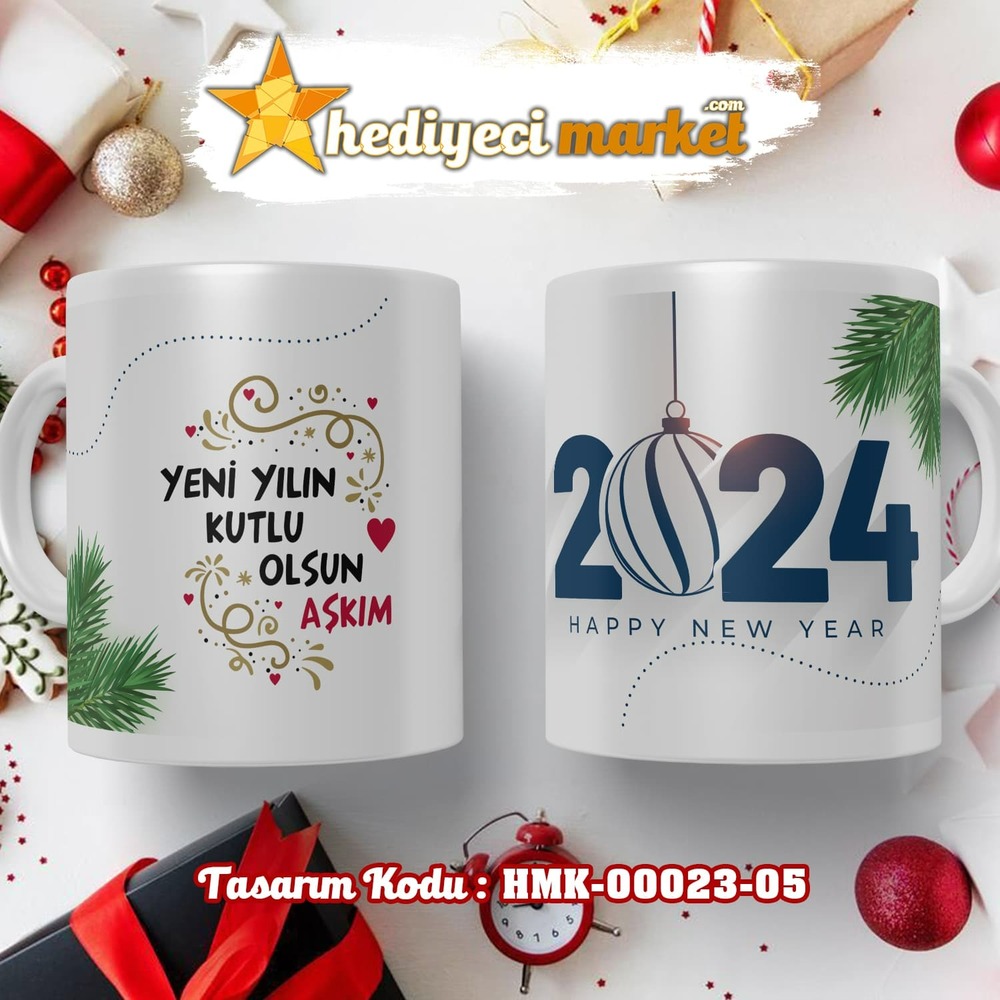 Kişiye Özel 2024 Yılbaşı Temalı Beyaz Kupa Bardak - HMK-00023-05 - HM-01-00075-05