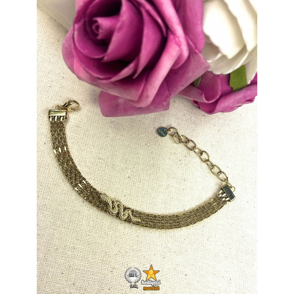 316 L Gold Hasır Yılan Figürlü Altın Rengi Çelik Bileklik - HMÇB-0039 || HM-03-00117-01