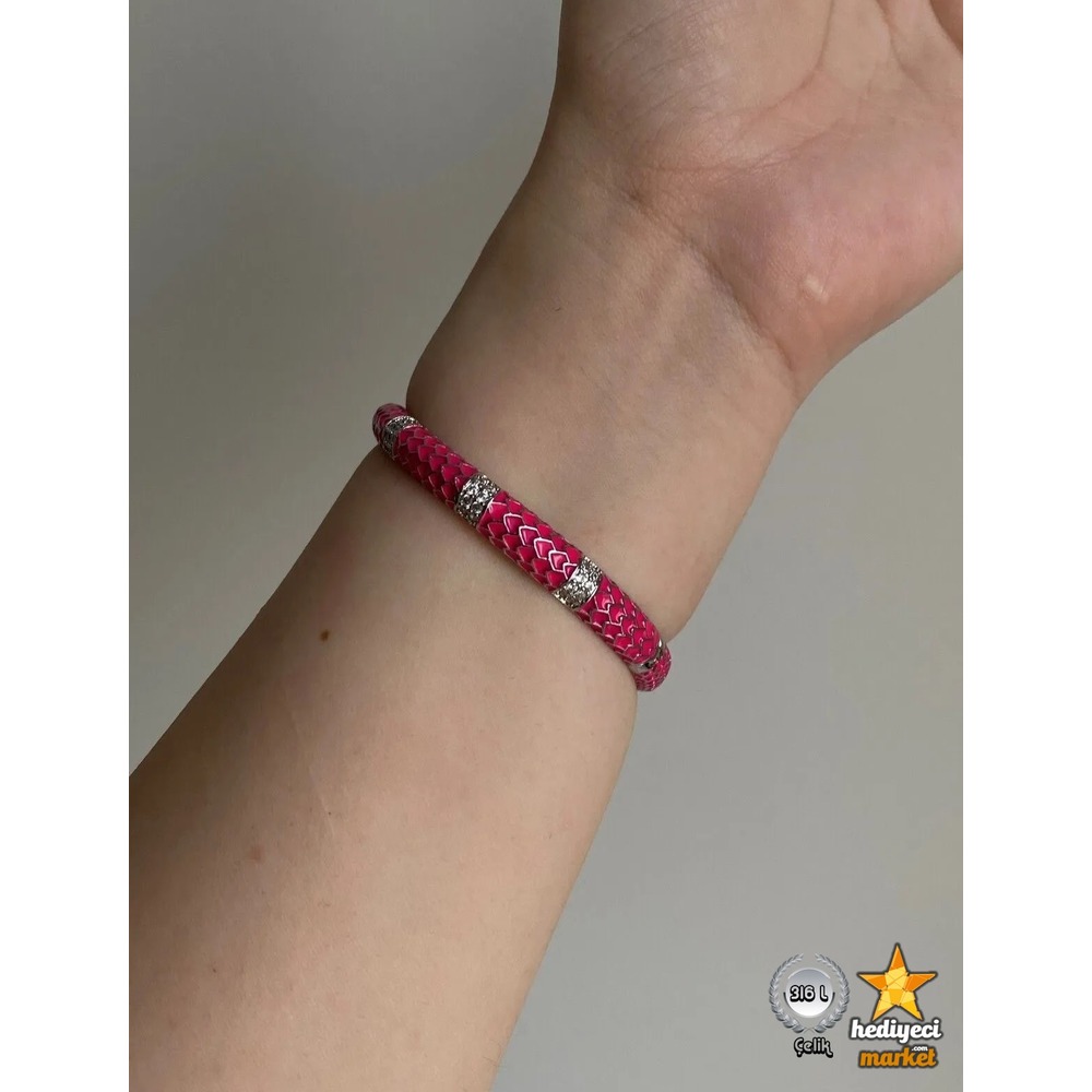 316 L Pembe Zirkon Taşlı Bulgari Model Sarmal Yılan Kelepçe - HMÇB-0009 || HM-03-00098-01