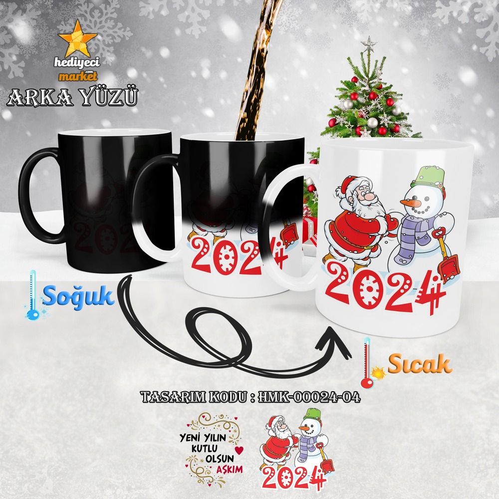 Kişiye Özel 2024 Yılbaşı Temalı Sihirli Kupa Bardak - HMK-00024-04 - HM-01-00078-04