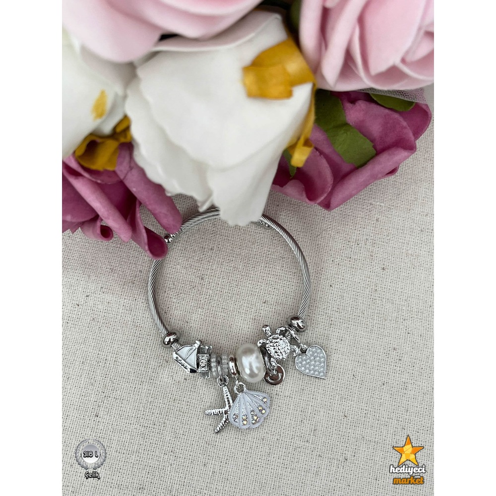 316 L Silver Deniz Kabuğu ve Deniz Yıldızı Figürlü Bileklik - HMÇB-0034 || HM-03-00106-0