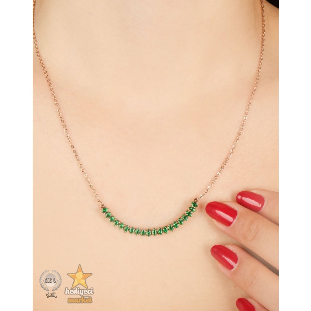 316 L Çelik Takı Yeşil Zirkon Taşlı Rose Abiye Kolye - HMÇK-0007 || HM-03-00049-01