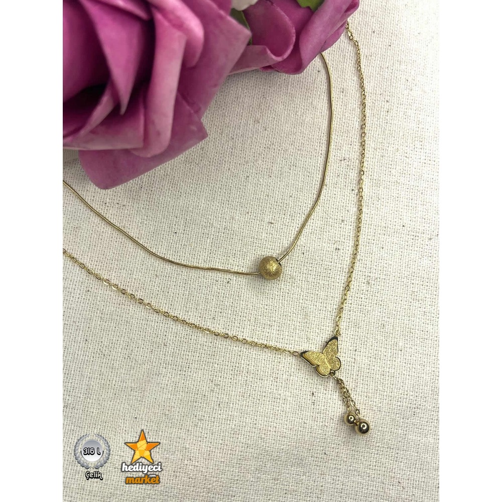 316 L Kelebek Figürlü Luxury Paslanmaz Çelik Kolye - HMÇK-0012 || HM-03-00054-01