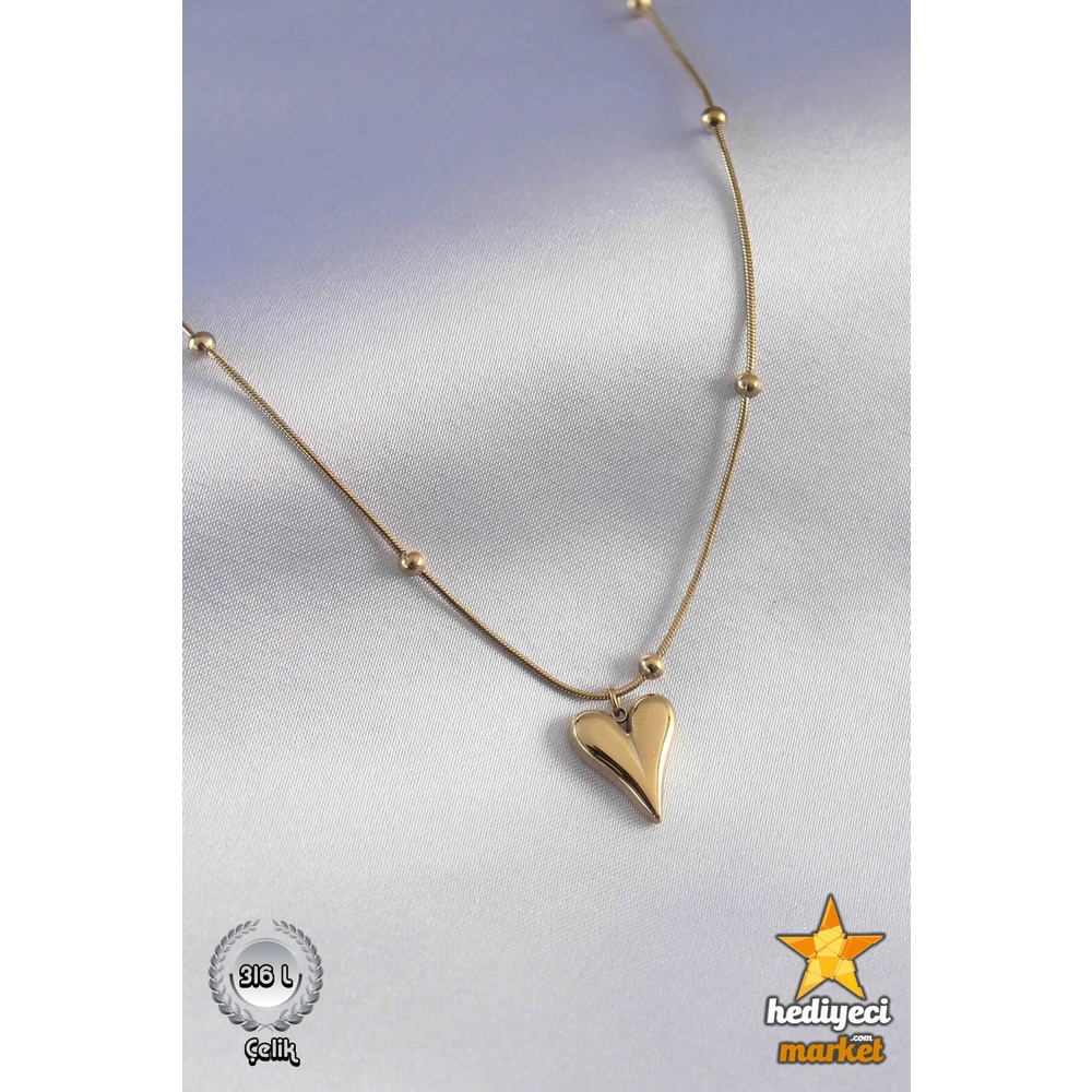 316 L Gold Renk Kalp Figür Minimal Top Detay Çelik Kolye - HMÇK-0009 || HM-03-00051-01
