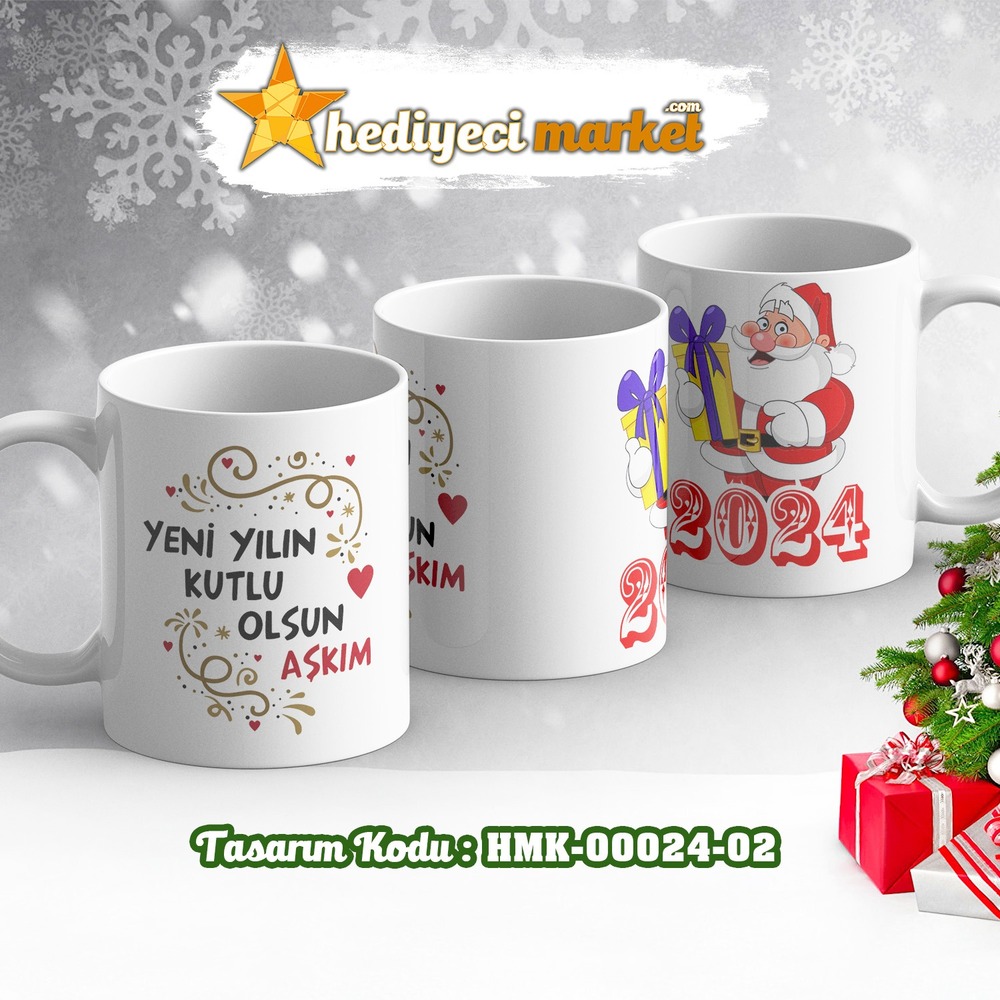 Kişiye Özel 2024 Yılbaşı Temalı Beyaz Kupa Bardak - HMK-00024-02 - HM-01-00077-02