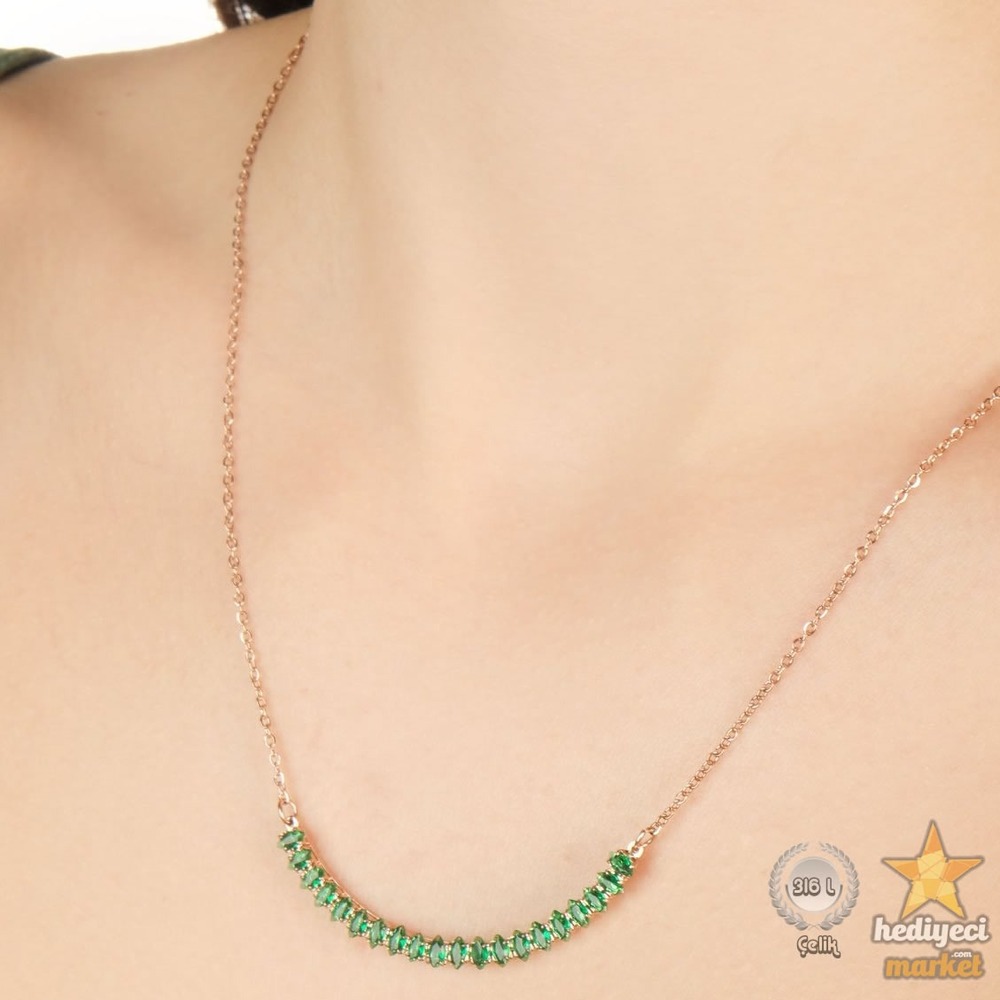 316 L Çelik Takı Yeşil Zirkon Taşlı Rose Abiye Kolye - HMÇK-0007 || HM-03-00049-01