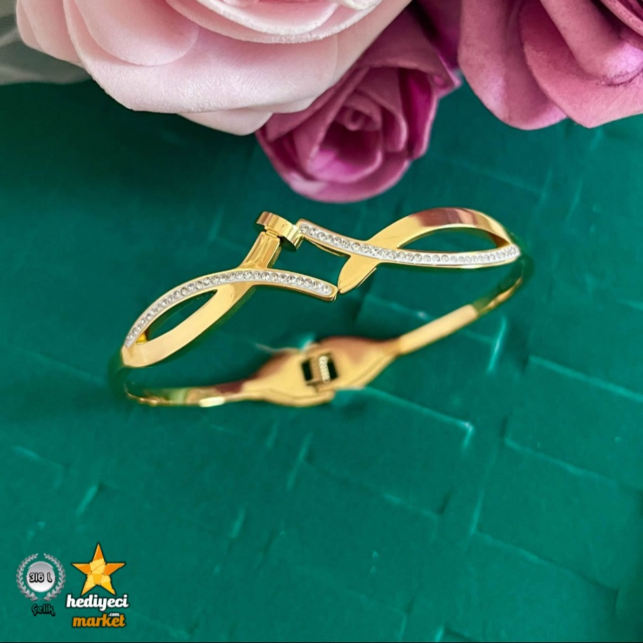 316 L  Zirkon  Kıvrımlı Çivi Tasarım Çelik Kelpçe Bileklik - HMÇB-0074 || HM-03-00136-04