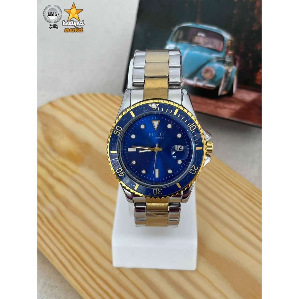 Polo Çelik Kasa Sarı Lacivert Yuvarlak Erkek Kol Saati - HMES-0024 || HM-03-00107-24