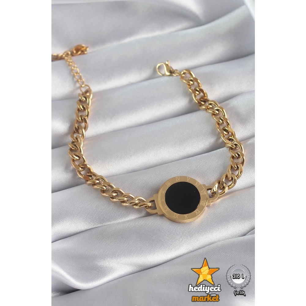 316 L Gold Zincir Model Romen Rakam İşleme Detay Çelik Bileklik - HMÇB-0055 || HM-03-00124-01