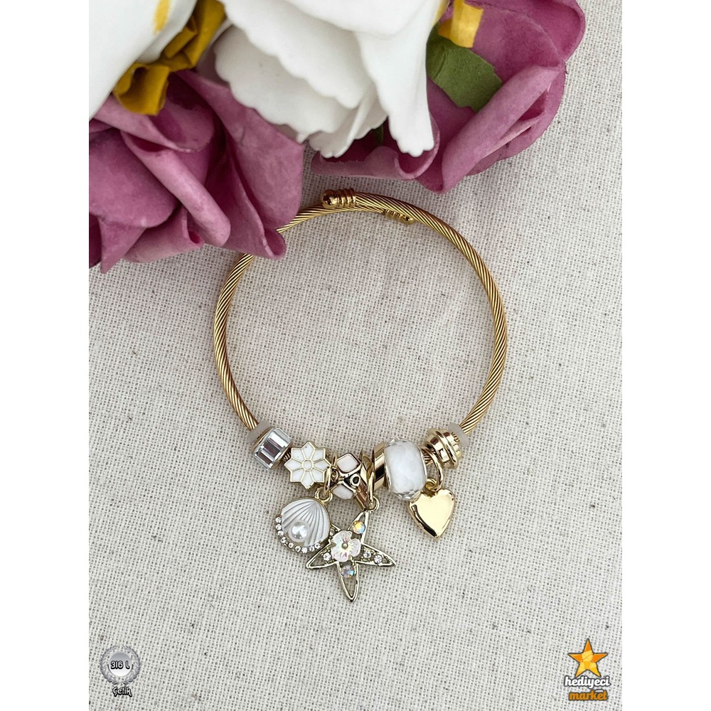 316 L Gold Beyaz Yıldız Sallantılı Çelik Pandora Model Bileklik - HMÇB-0029 ||  HM-03-00106-02