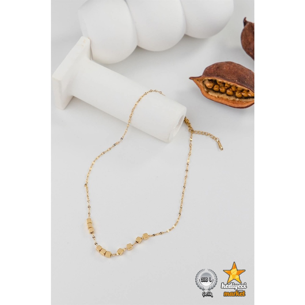 316 L Paslanmaz Çelik Küp Biyeli Kolye - HMÇK-0021 || HM-03-00063-01