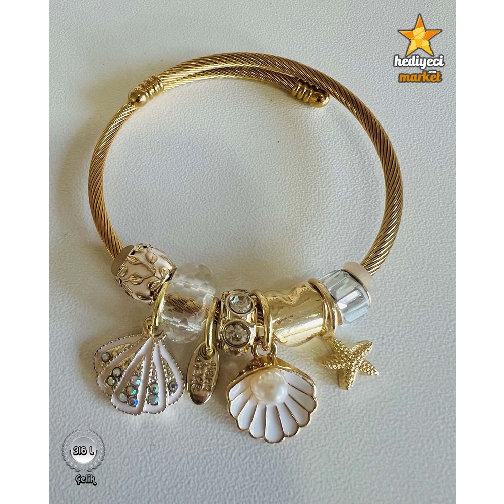 316 L Gold Beyaz Midye Kabuğu Çelik Pandora Model Bileklik - HMÇB-0031 || HM-03-00106-04