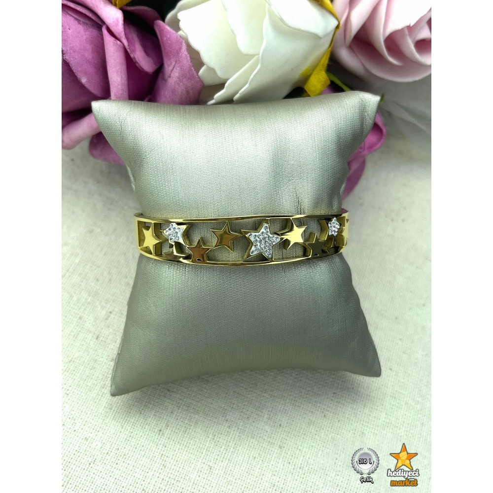316 L Yıldız Detaylı Bohem Gold Çelik Bileklik - HMÇB-00203 || HM-03-00103-01