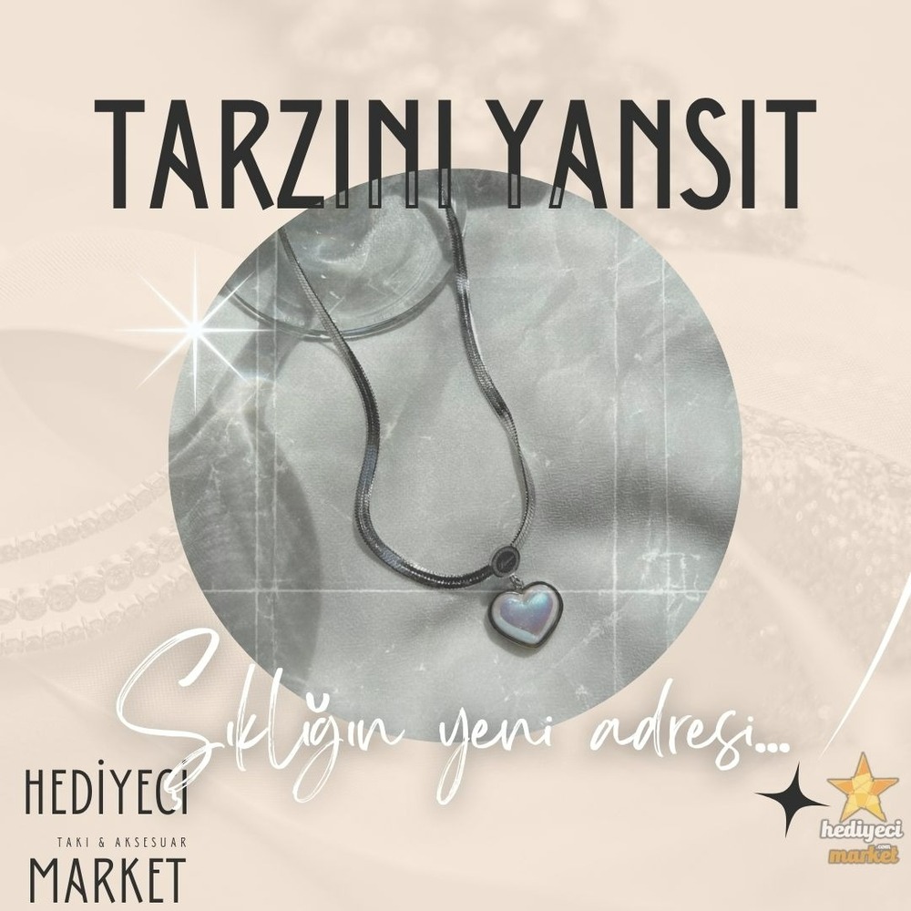 316 L İtalyan Zincirli Kalpli İnci Detaylı Silver Çelik Kolye - HMÇK-0050 || HM-03-00083-0