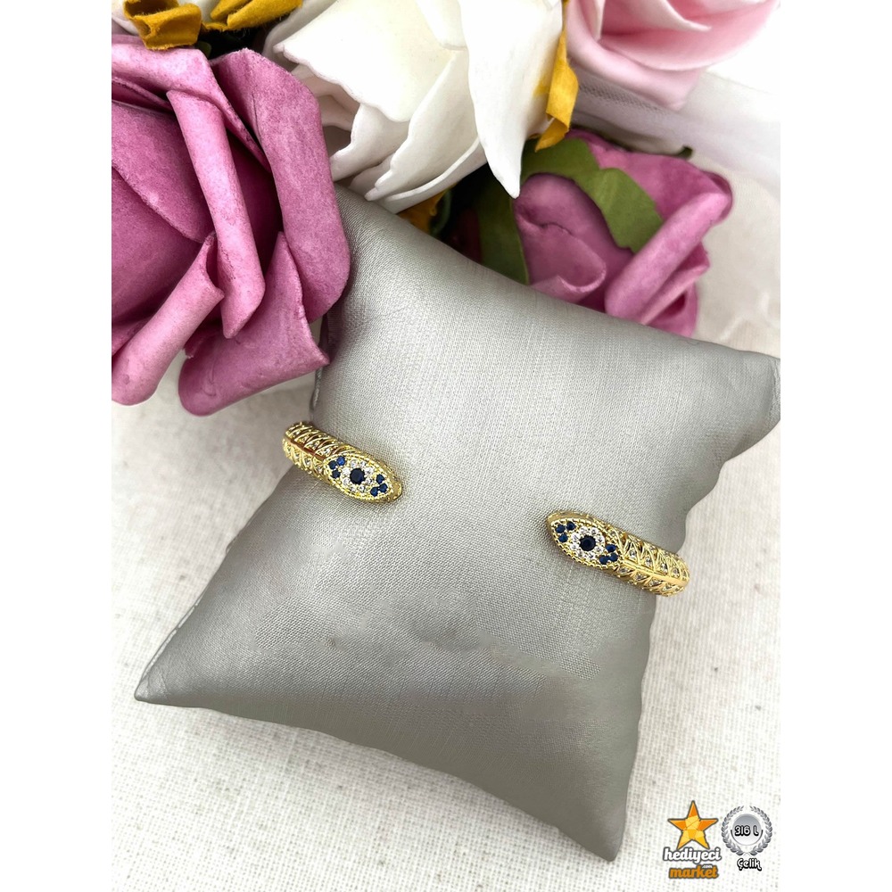 316 L Gold Zirkon Taşlı Detaylı Kelepçe Çelik Bileklik - HMÇB-0008 || HM-03-00097-02