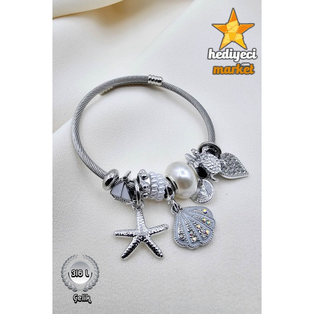 316 L Silver Deniz Kabuğu ve Deniz Yıldızı Figürlü Bileklik - HMÇB-0034 || HM-03-00106-0