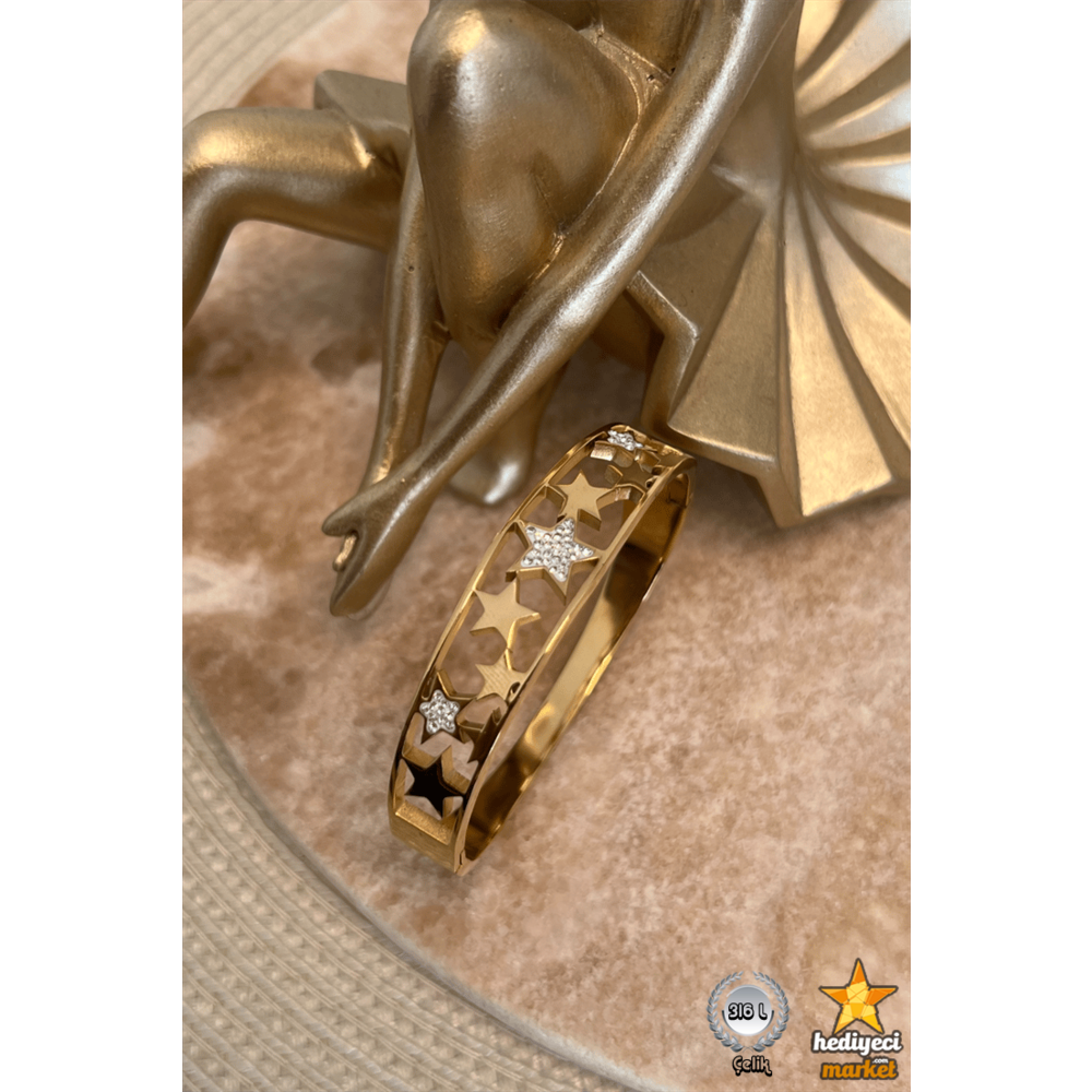 316 L Yıldız Detaylı Bohem Gold Çelik Bileklik - HMÇB-00203 || HM-03-00103-01