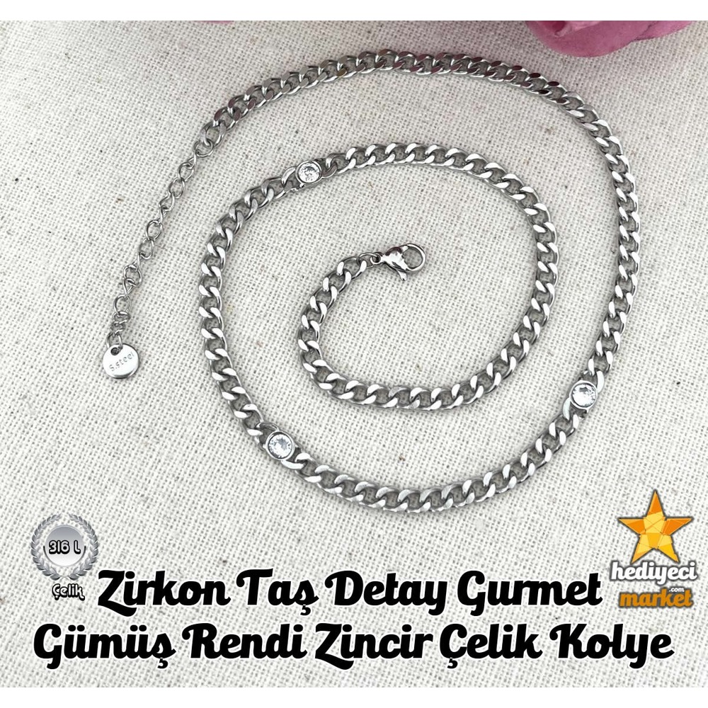 Zirkon Taş Detay Gurmet Gümüş Rendi Zincir Çelik Kolye - HMÇK-0039 || HM-03-00078-02