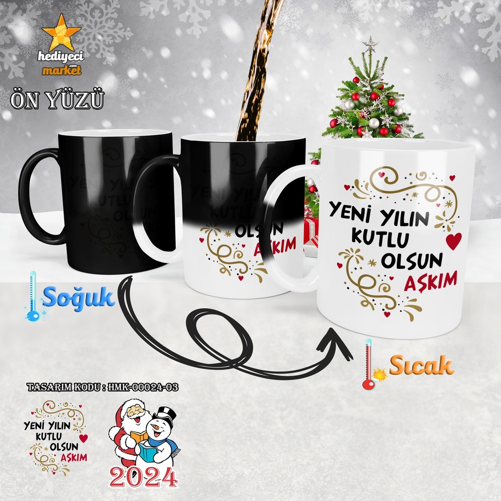 Kişiye Özel 2024 Yılbaşı Temalı Sihirli Kupa Bardak - HMK-00024-03 - HM-01-00078-03
