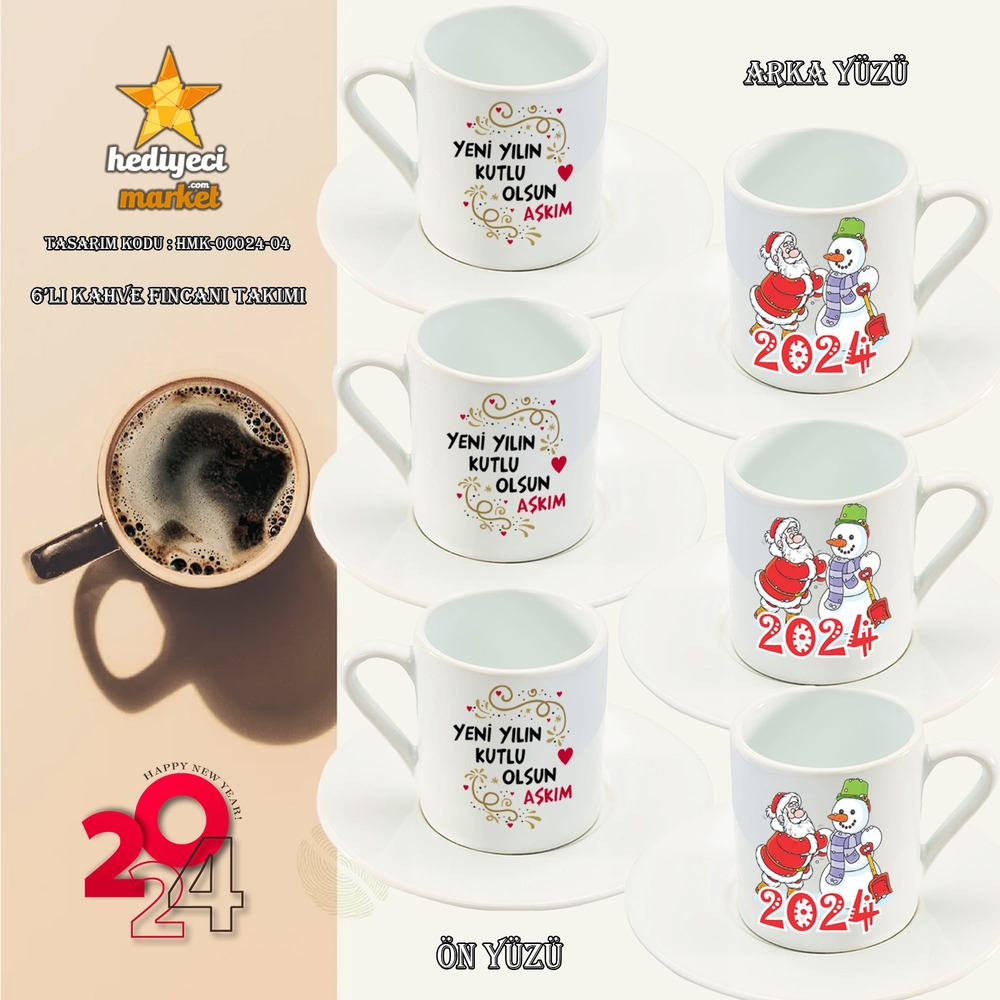 Yılbaşı Temalı Beyaz 6'lı Kahve Fincan Takımı - HMK-00024-04 - HM-01-00079-04