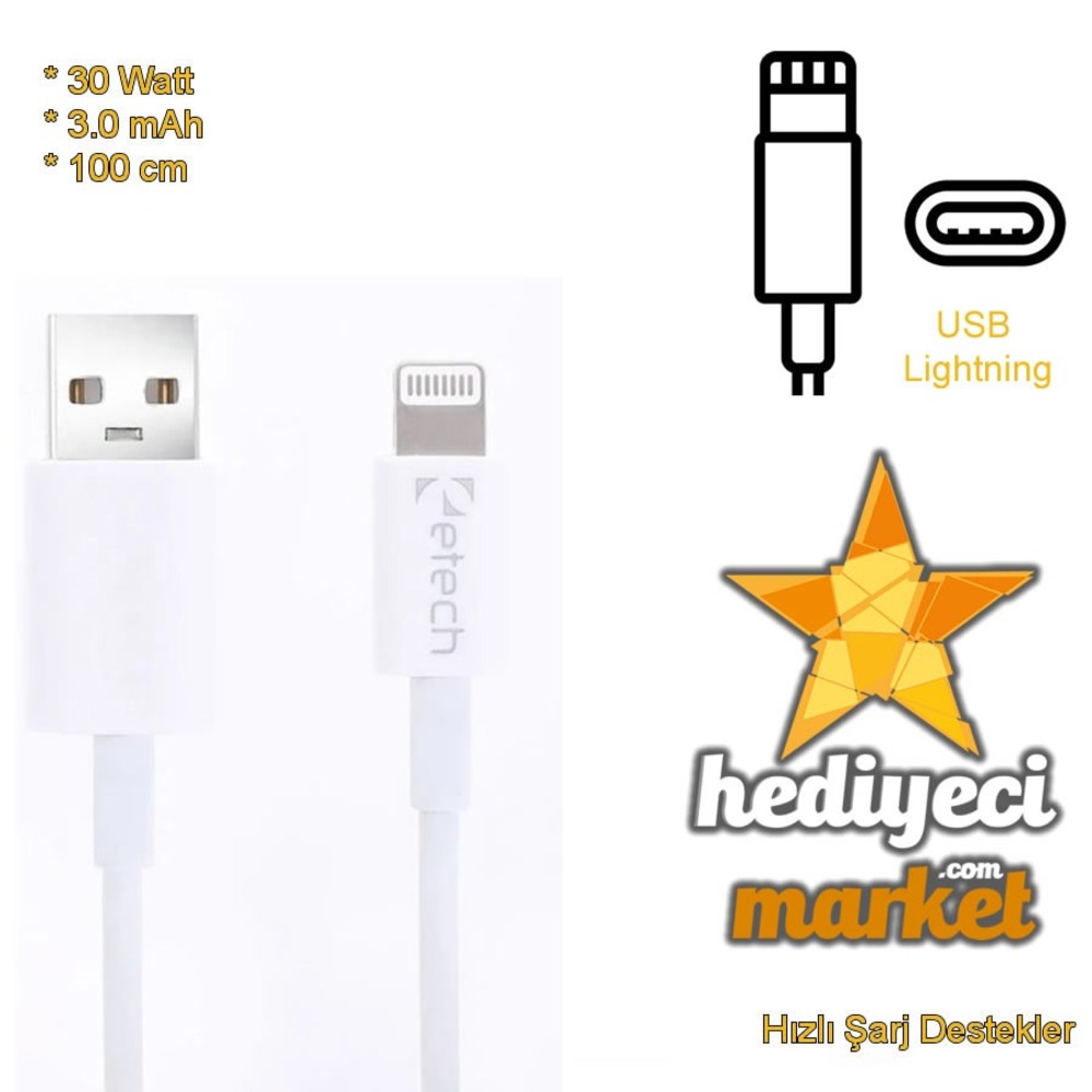 ETECH DK-012 3.0A 30W IP Lightning USB Data Kablosu || HM-06-00005-01