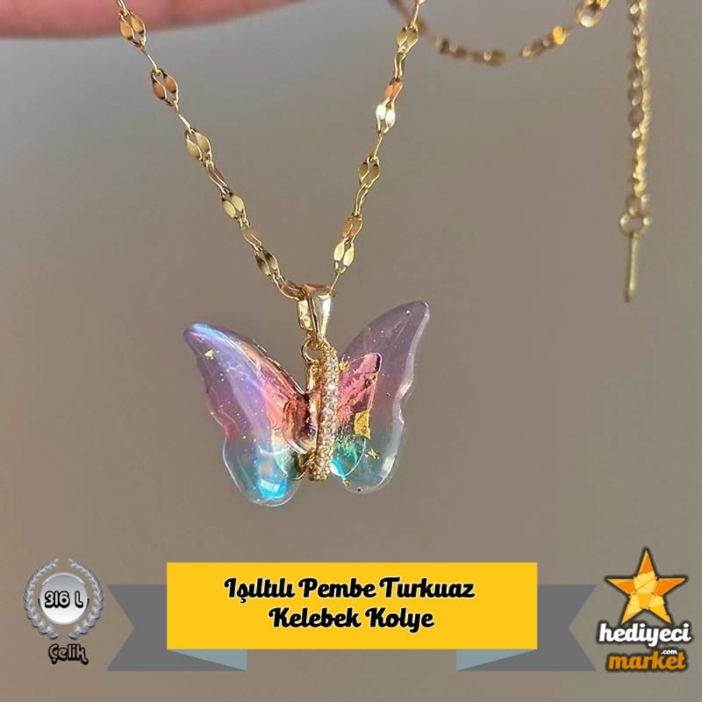 316 L Işıltılı Pembe Turkuaz Paslanmaz Çelik Kelebek Kolye - HMÇK-0029 || HM-03-00070-01