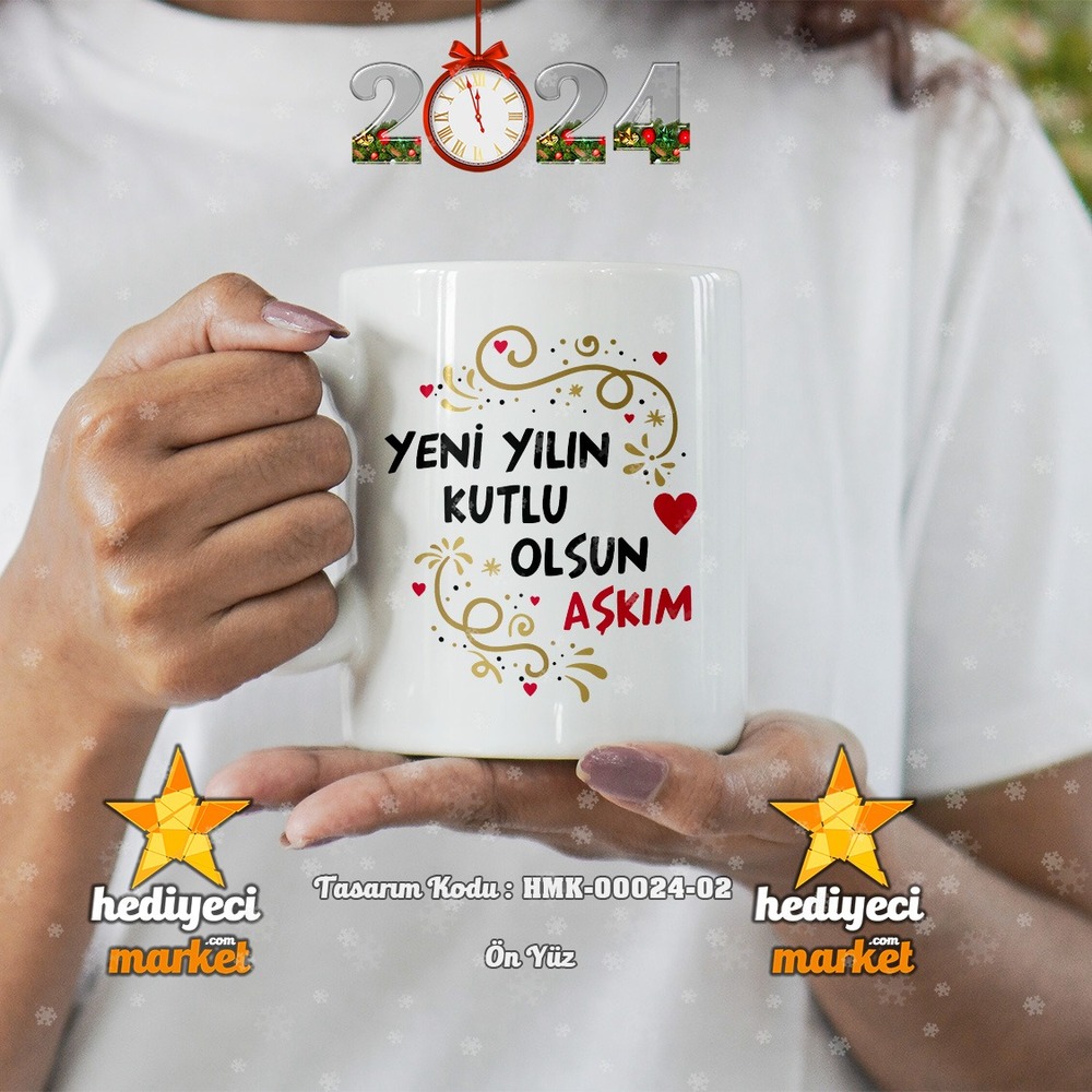 Kişiye Özel 2024 Yılbaşı Temalı Beyaz Kupa Bardak - HMK-00024-02 - HM-01-00077-02