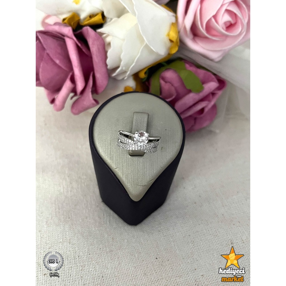 316 L 8 MM Silver Zirkon Taşlı Çapraz Ayarlanabilir Baget Yüzük - HMÇY-0002 || HM-03-00094-02