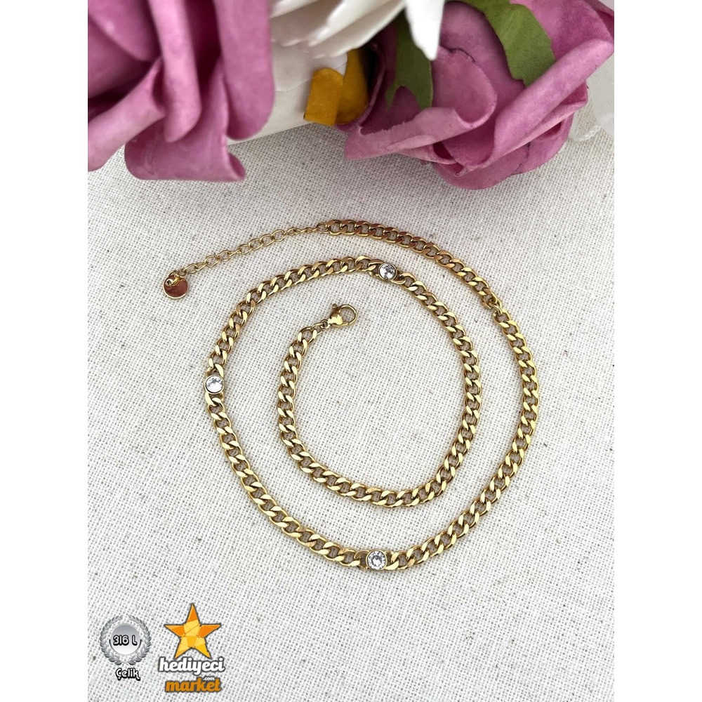 316 L Zirkon Taş Detay Gurmet Zincir Çelik Kolye - HMÇK-0038