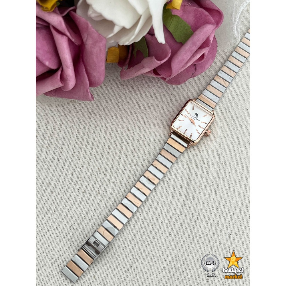 316 L Club Polo Altın ve Gümüş Rengi Diktörtgen Çelik Kol Saati - HMKS-0015 || HM-03-00093-04