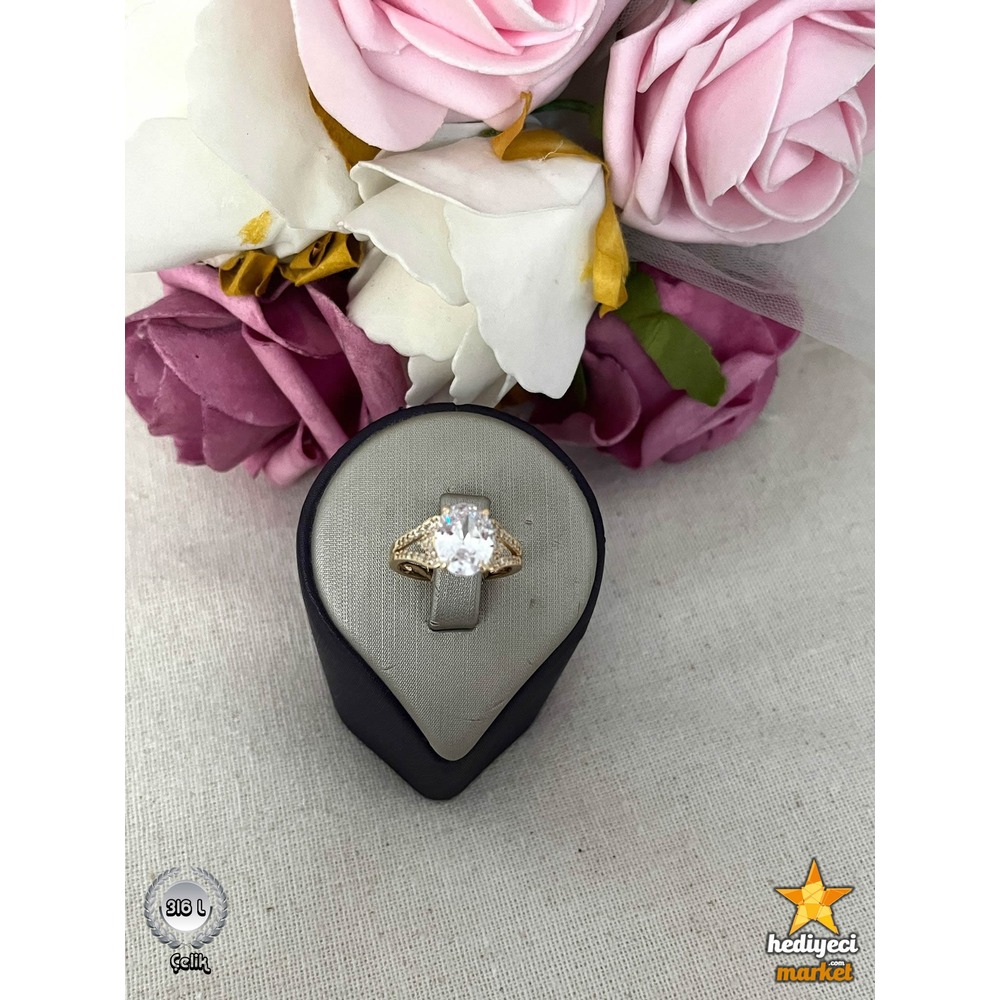 316 L Gold 2 MM Oval Zirkon Baget Ayarlanabilir Çelik Yüzük - HMÇY-0012 || HM-03-00094-12