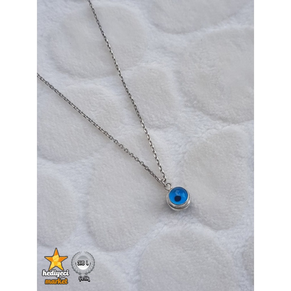 316 L Zincirli Minik Nazar Boncuklu Gümüş Rengi Çelik Kolye - HMÇK-0023 || HM-03-00064-02