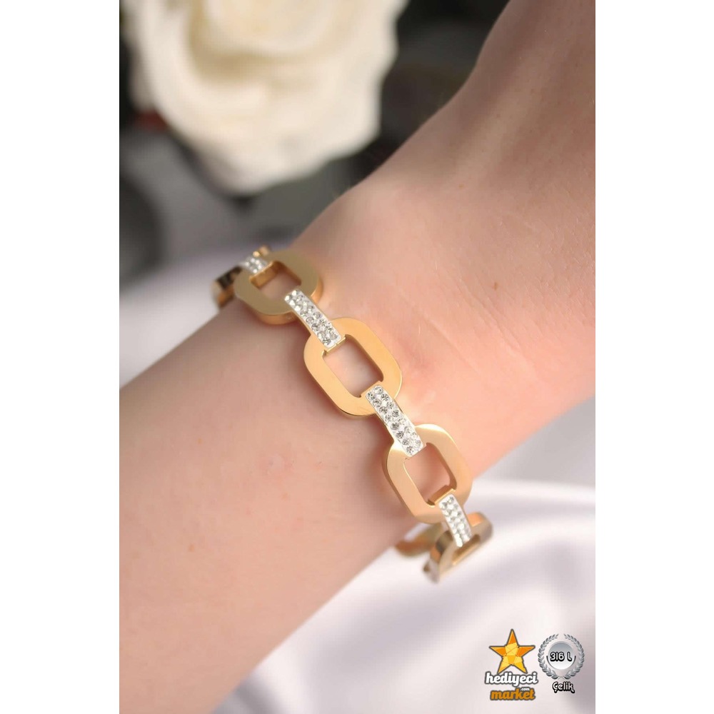 316 L Zirkon Taşlı Gold Zincir Model Çelik Kelepçe Bileklik - HMÇB-0026 || HM-03-00105-02
