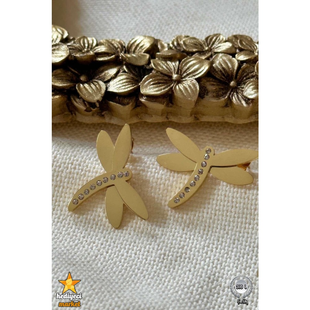 316 L Altın Rengi Zirkon Taşlı Yusufçuk Model Çelik Küpe - HMKÜ-0013 || HM-03-00114-01