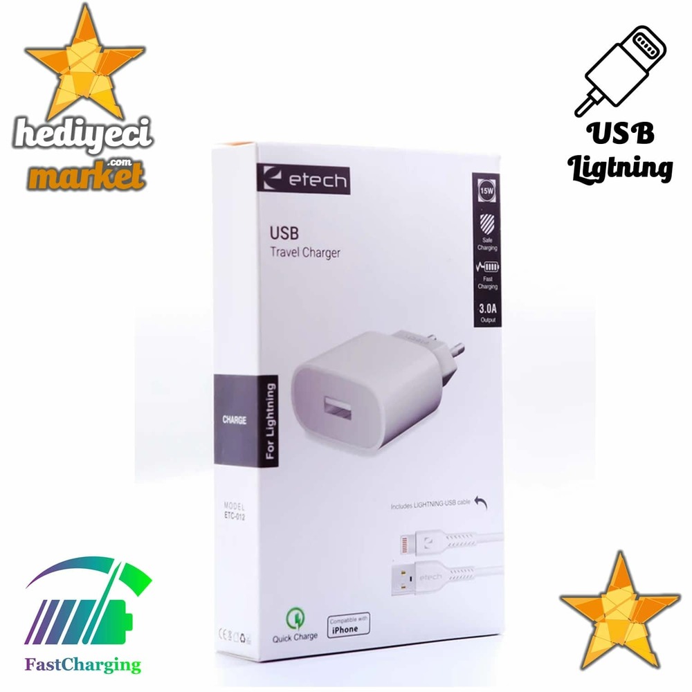ETECH ETC-012 3.0A 15/18W Fast IP Lightning Şarj Cihazı - HM-06-00014-01